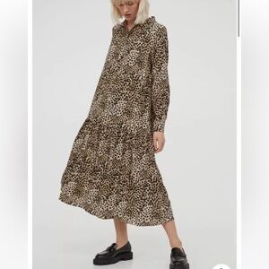H&M Leopard  Collared Henley Midi Maxi Tiered Shirt Dress Long Sleeve - Medium